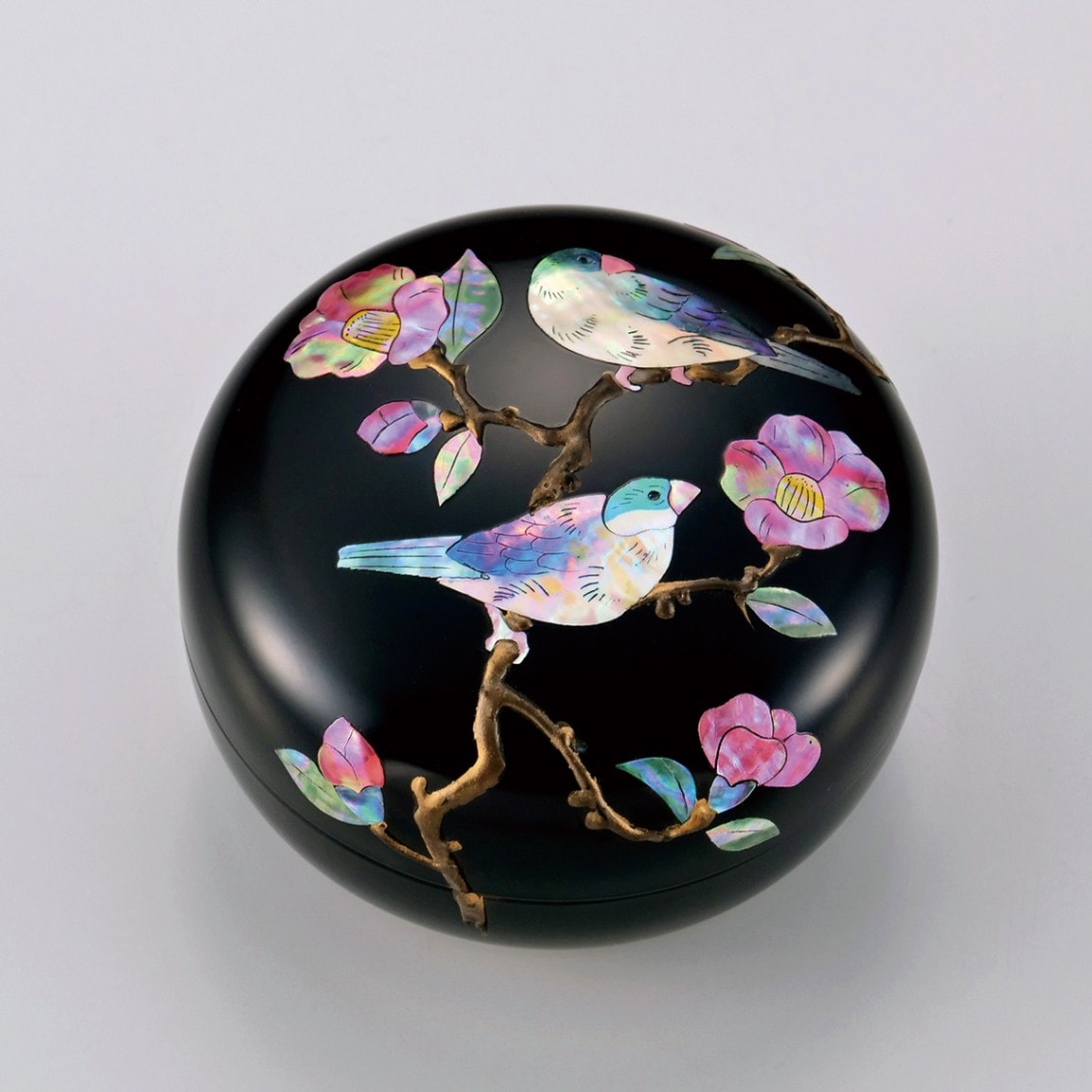 螺鈿細工 青貝塗 ボンボニエール 椿に文鳥