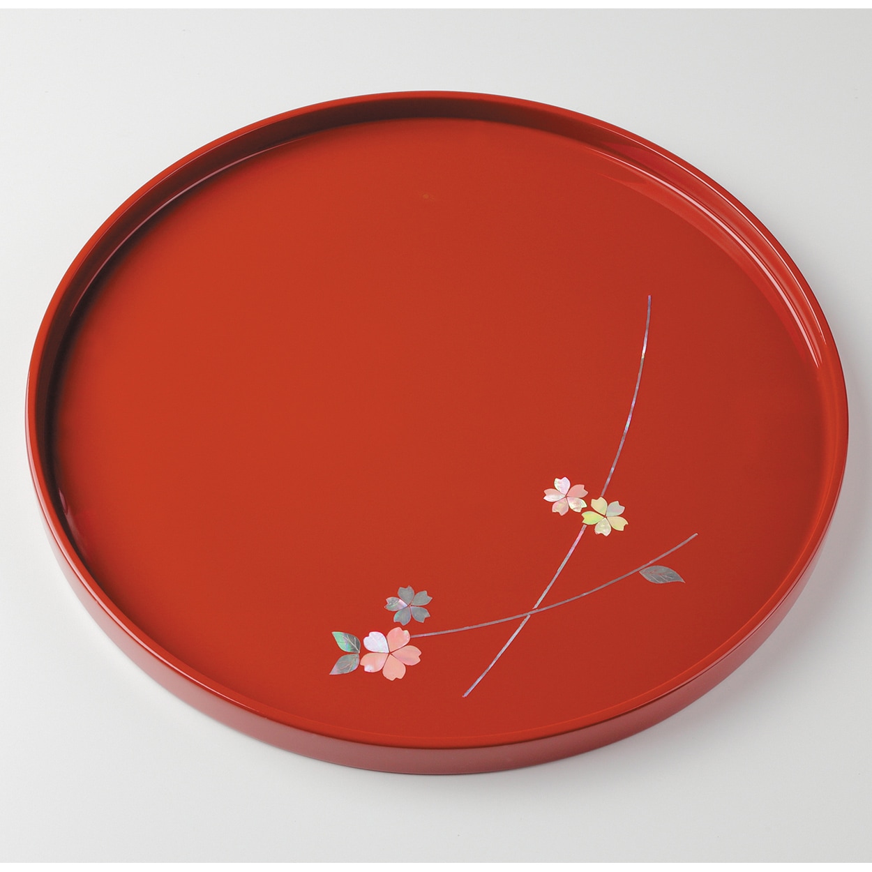 高岡漆器 木製丸盆 貝入枝桜(螺鈿)