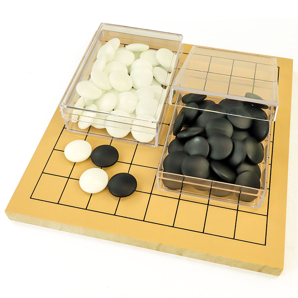 囲碁セット 木製9路盤セット（ガラス碁石桜・プラ透明箱）囲碁入門用や