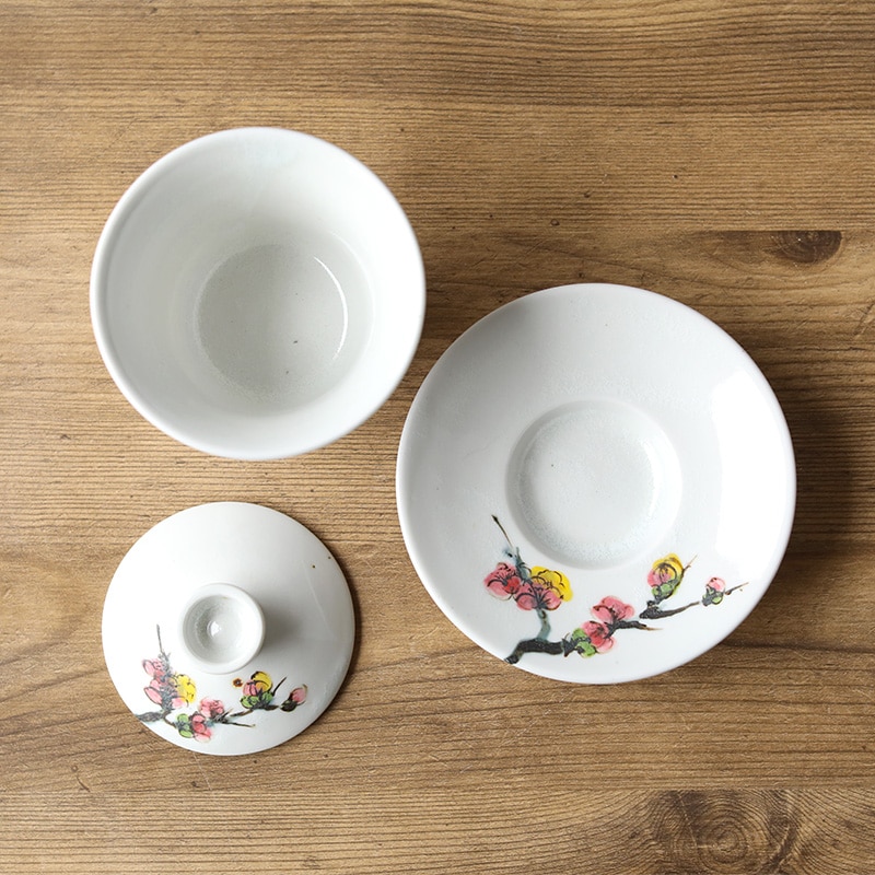 松本郁美｜灰釉色絵掻き落とし蓋碗 梅と鳥 | 趣佳[syuca.jp