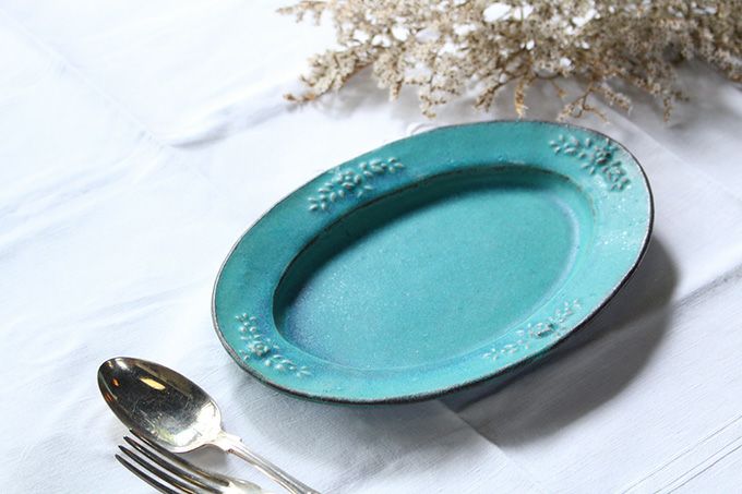 益子焼・シャビーターコイズオーバル/楕円皿 わかさま陶芸 若林健吾