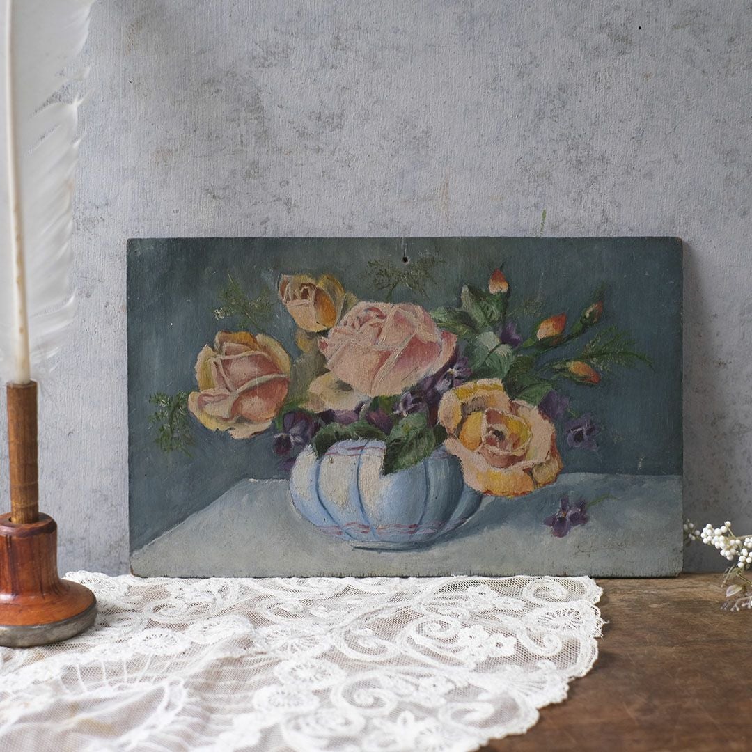 アンティーク油絵 薔薇 フランス 絵画 オイルピクチャーの通販