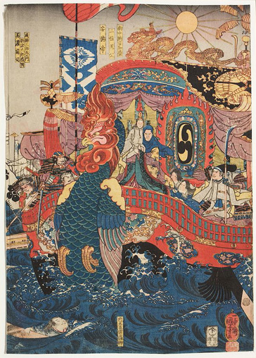 浮世絵、長門國赤間の浦に於て源平合戦平家一門悉く滅びる圖国芳画、三