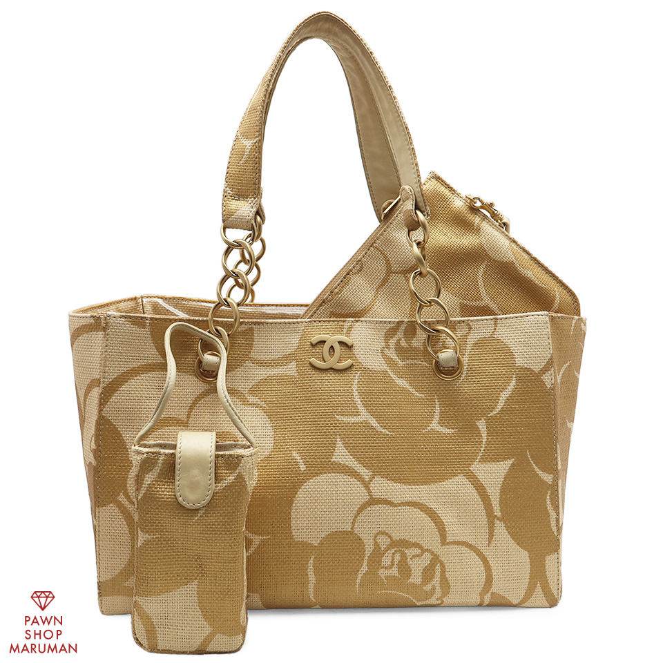 シャネル カメリア チェーントートバッグ ポーチ付き ストロー