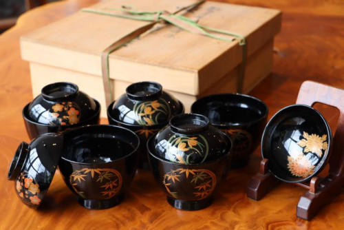 最高級 輪島塗お椀】昌峰作 花の丸四君子蒔絵 吸物椀 五客組 共箱