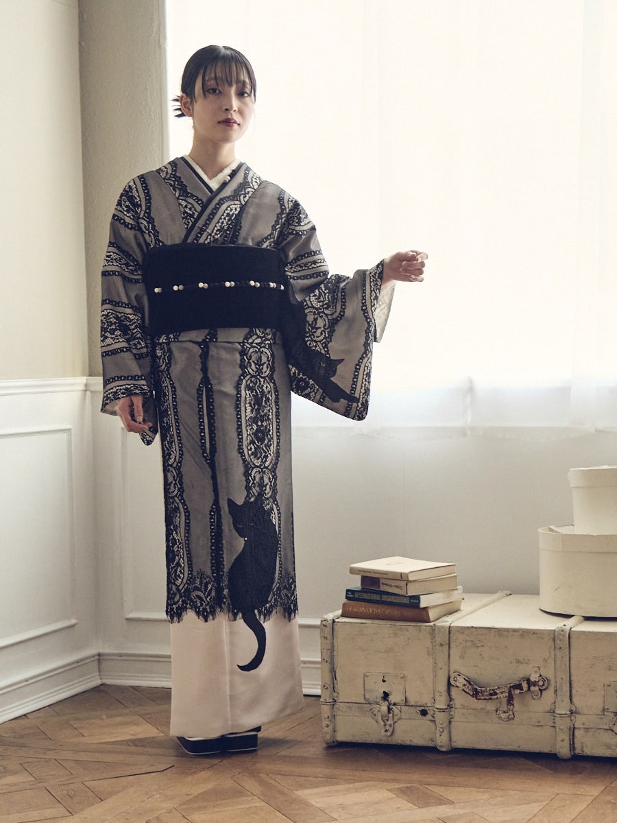 二重仕立て着物「まどろみ猫」(FREE ブラック): ふりふ ｜ミマツ