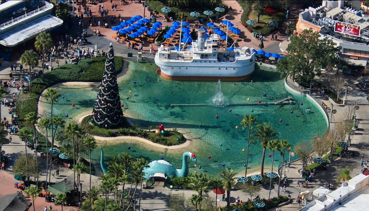Aerial View of Echo Lake Christmas Decorations at Disney's
