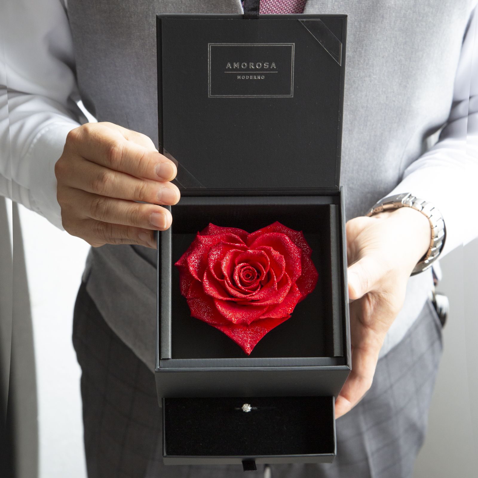 ダイヤモンドローズラブハート/ブライトレッド （プリザーブドフラワー