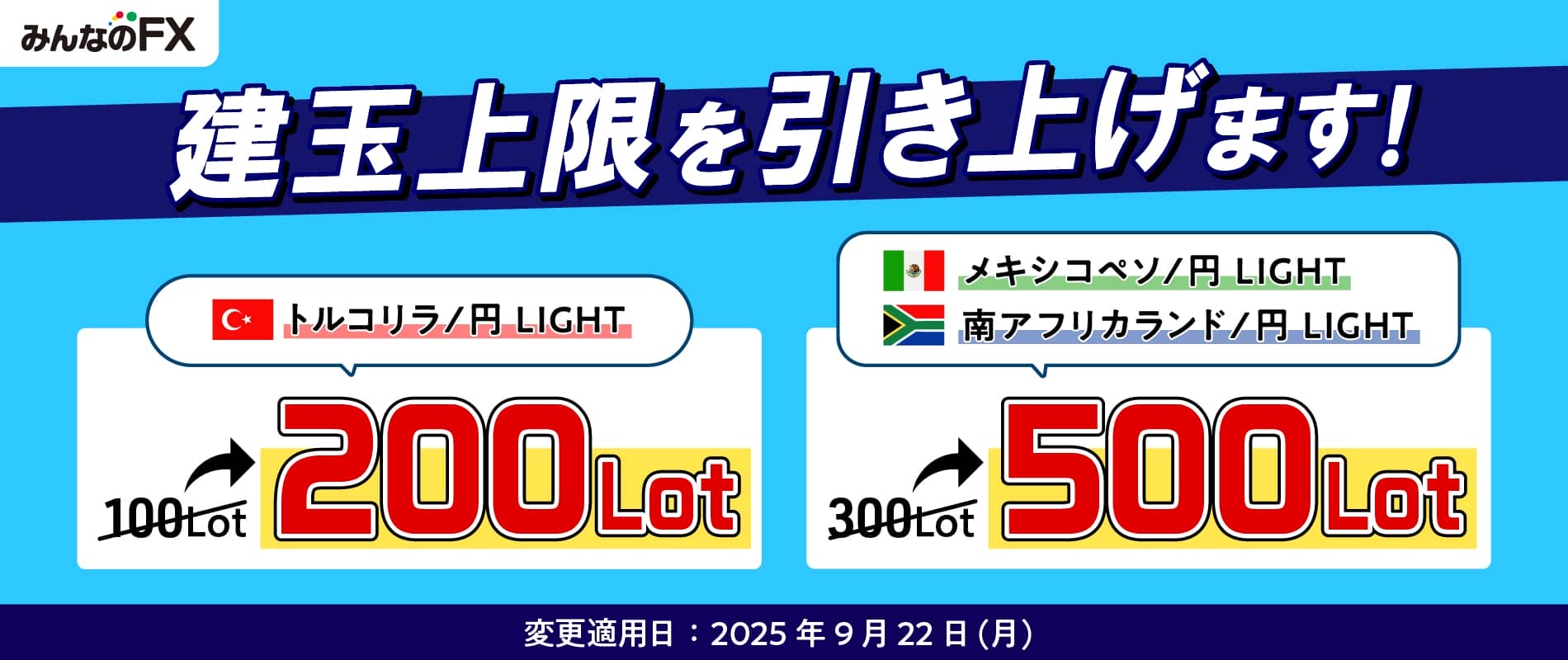 9月22日、お客様のご要望にお応えして人気の高金利通貨ペアの建玉上限