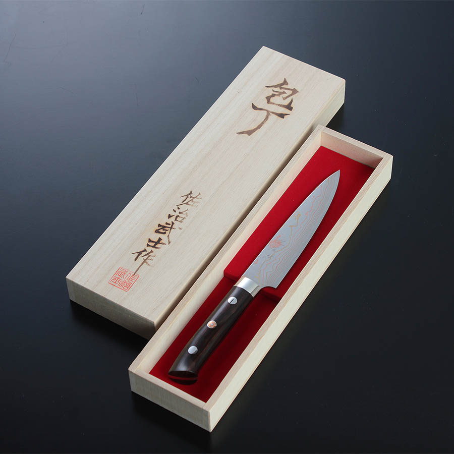 佐治 武士＞ 青ニ鋼 有色ダマスカス ペティナイフ 和包丁 135mm