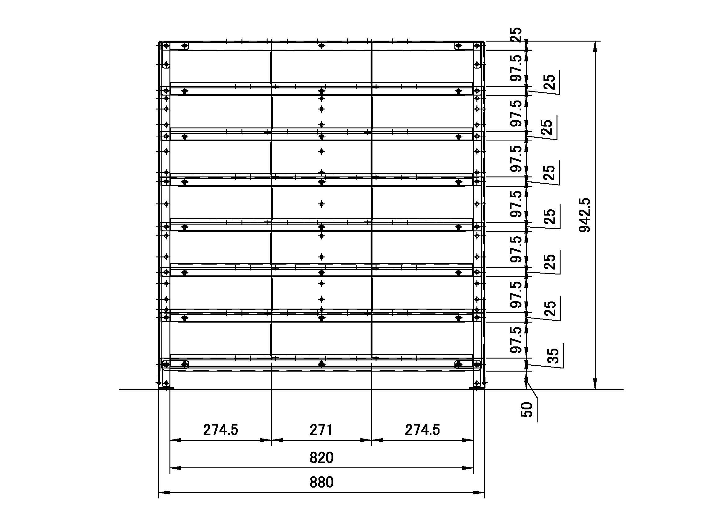 区分棚 横3区画 x 棚板有効7段 高さ940 x 横幅880 x 奥行300