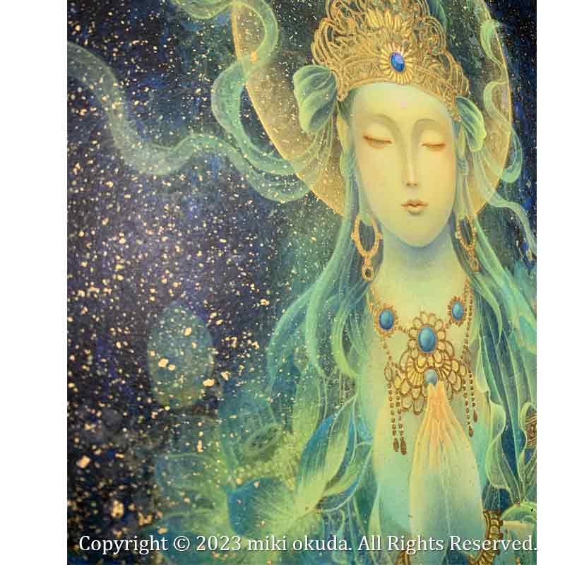 観音菩薩・青の合掌観音 (光稀） 開運絵 仏画 手彩色ジクレー版画