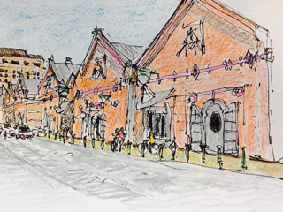 水彩画風スケッチ・函館・金森赤レンガ倉庫群: 円空仏などの彫刻や石仏