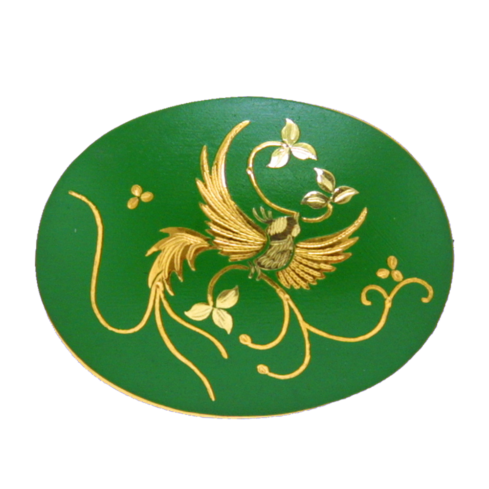 ブローチ(鳳凰・グリーン漆) – 肥後象嵌 光助