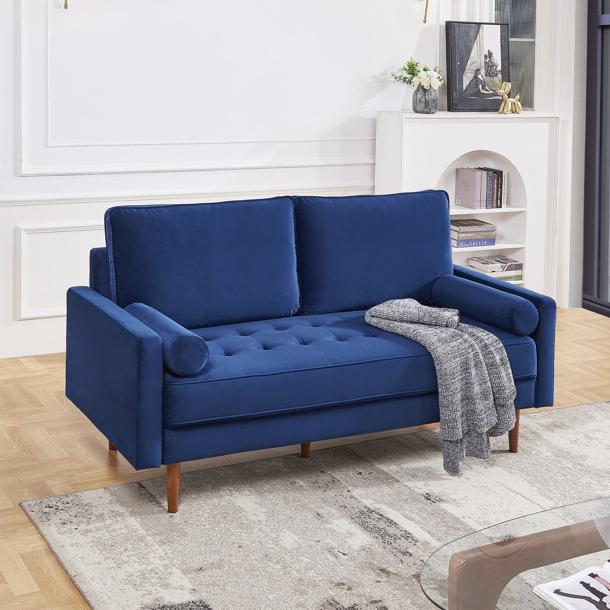 A Furniture Classics 69-in Modern Blue Velvet Polyester/Blend Sofa
