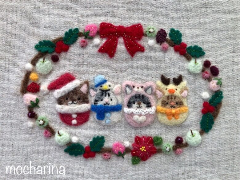 羊毛フェルトの4匹のねことクリスマスの額飾り・まとめ - mocharina
