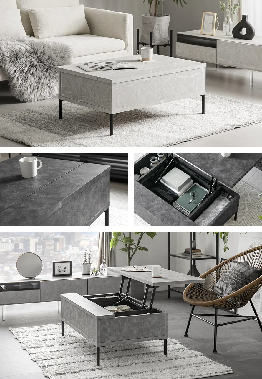 幅89.5cm 日本製 昇降式センターテーブル 大理石調 収納スペース 天板