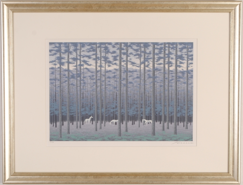 馬の絵をシルクスクリーンの版画で制作した国武久巳の馬の絵「深い森