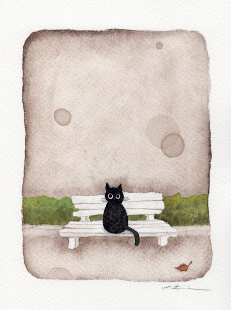猫の絵画を水彩画で描いた香月和夫の猫の絵「白いベンチ」をご購入