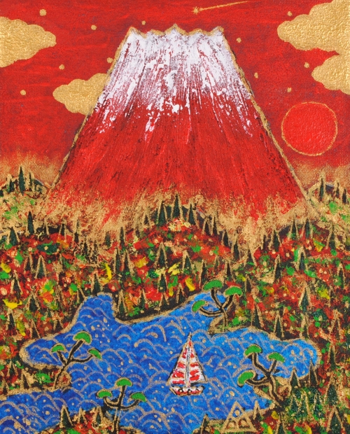富士山の絵をミクストメディアの絵画で描いた琳屋の富士山の絵「紅富士」