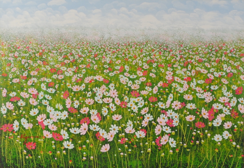 油絵の絵画で金謙伊が描いた花の絵の油絵「コスモス畑」をご購入