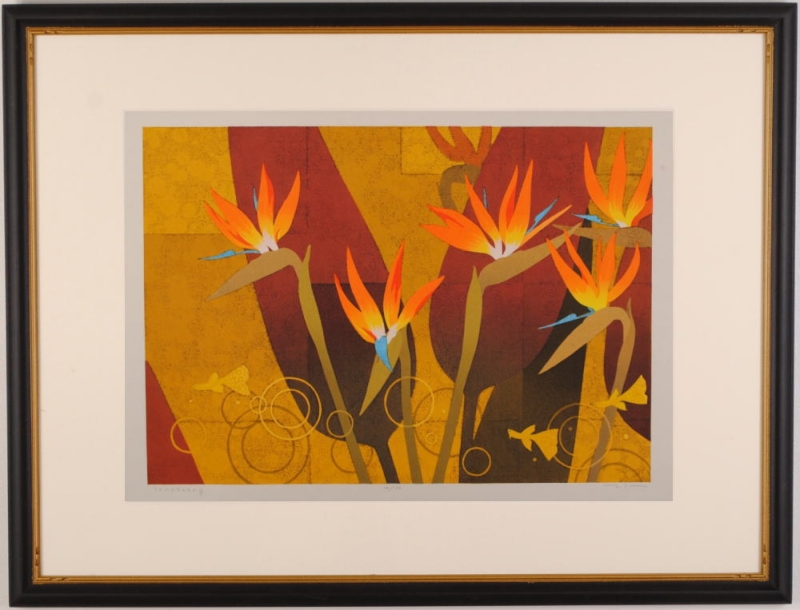 花の絵画を木版画で制作した本荘正彦の極楽鳥花の絵「サンクチュアリ