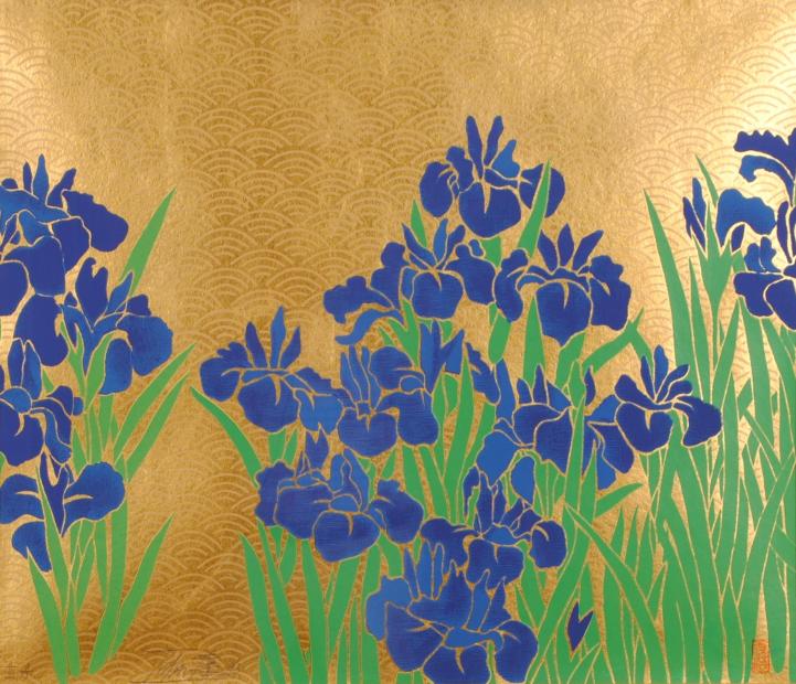 今井俊満がシルクスクリーンの版画で制作したの和の花の絵画「菖蒲」を
