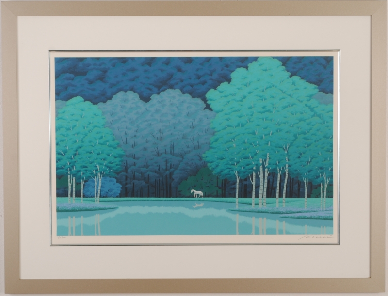 馬の絵をシルクスクリーンの版画で制作した国武久巳の馬の絵「蒼い森