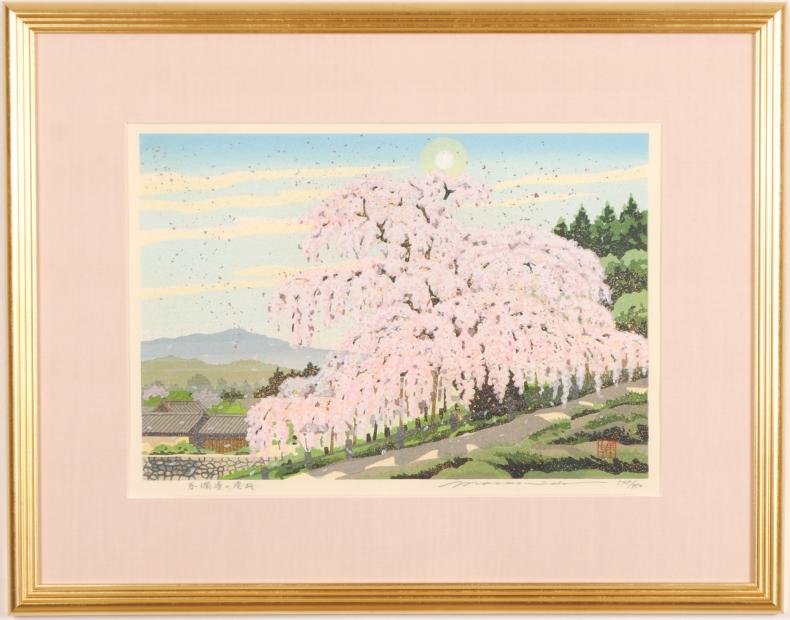 桜の絵画を木版画で制作した井堂雅夫の和の桜の絵「春爛漫の滝桜」を