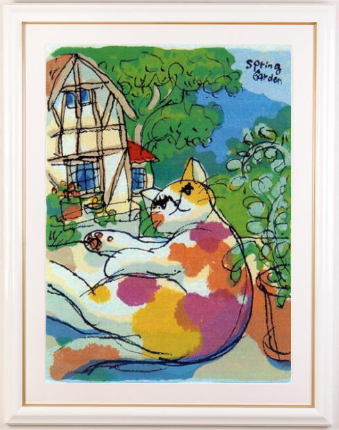 マイケル・ルーのポップアートの猫の絵画「スプリング・ガーデン」を