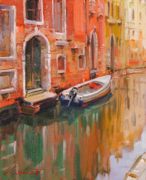 油絵の絵画でベニスの風景を描いた田中清の油絵「映える水面」をご購入