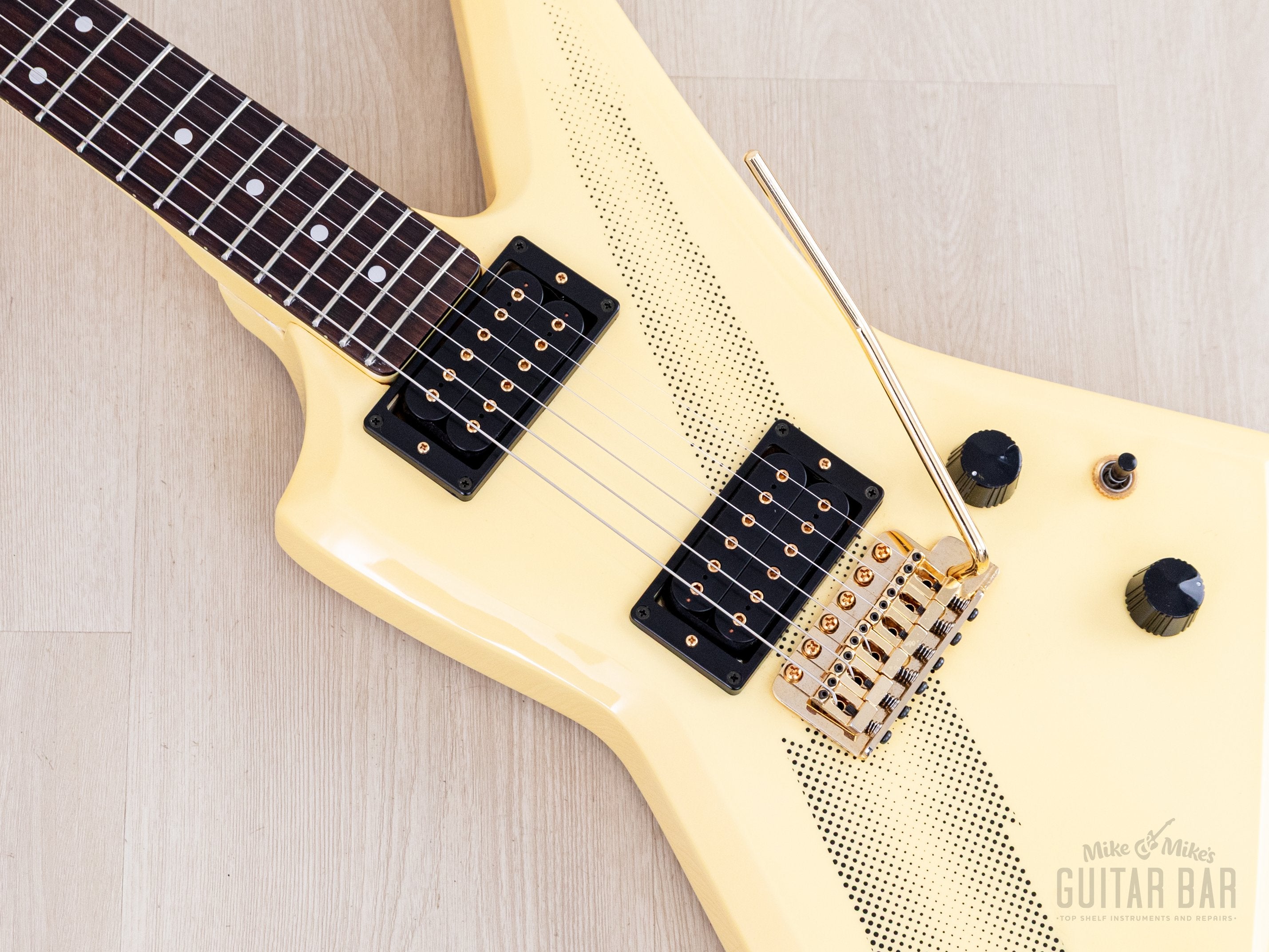 1983 Aria Pro II ZZ Deluxe Explorer White/Thunderbolt w/ Gold Hardware