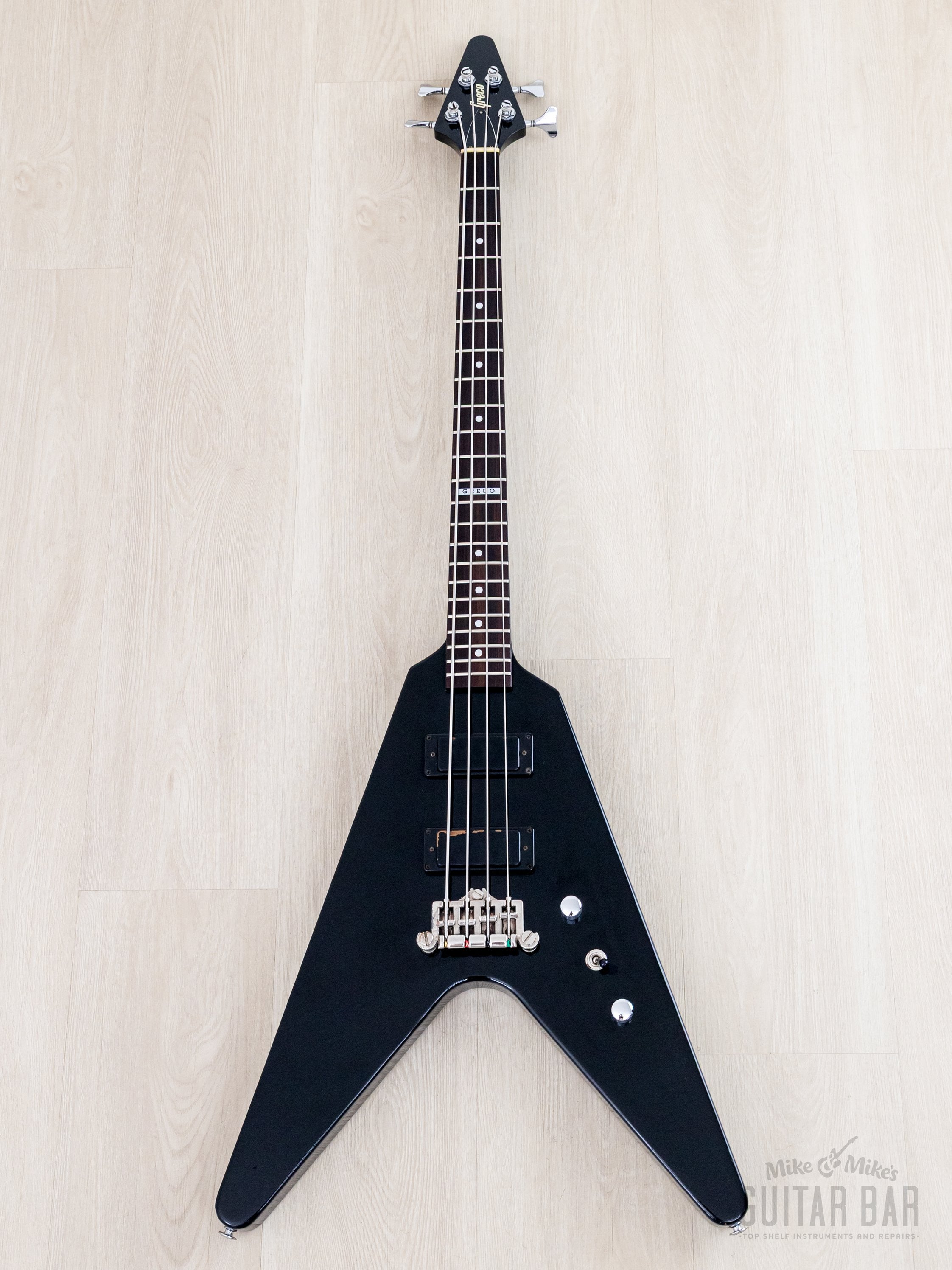 2002 Greco GVB-90 Flying V Bass Neck Through Real Black w/ Mini Humbuc