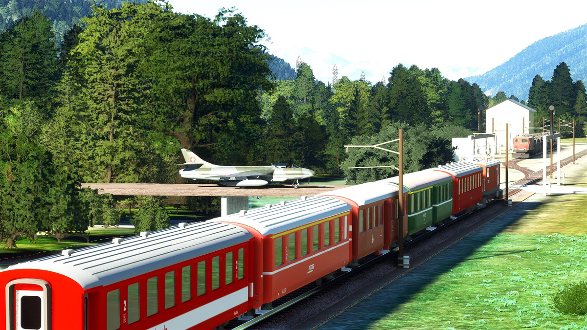 This Swiss airfield for MSFS has an animated train model of the