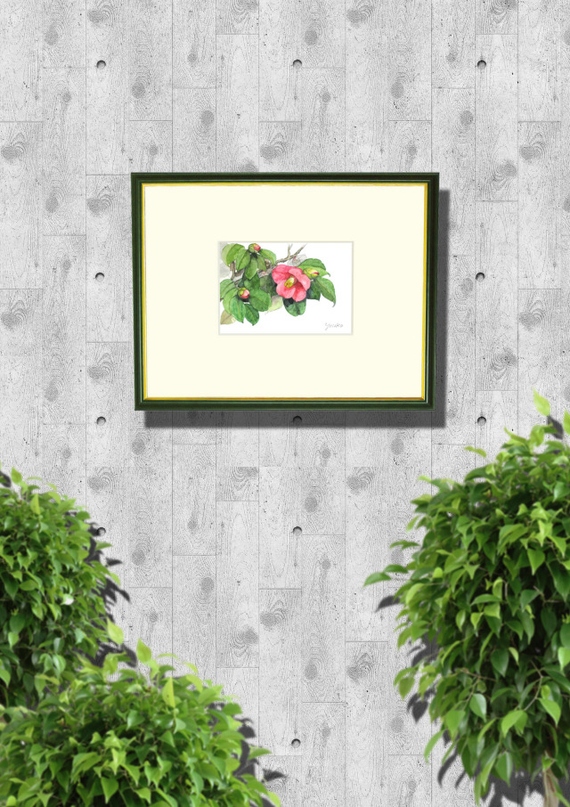 志村好子「椿」10・水彩（画寸128×185・額寸318×410mm）