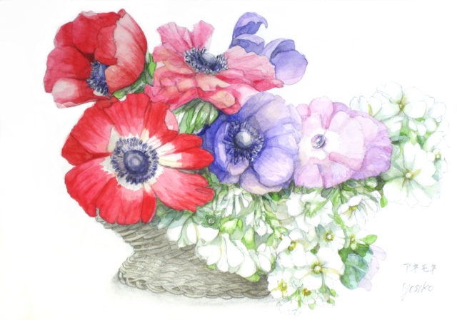 志村好子「アネモネ」水彩画（絵寸252×332・額寸377×454mm）