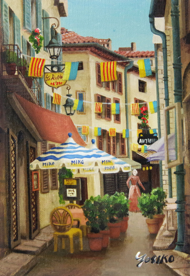 イタイア風景画「旗のある街角」油彩SM・志村好子