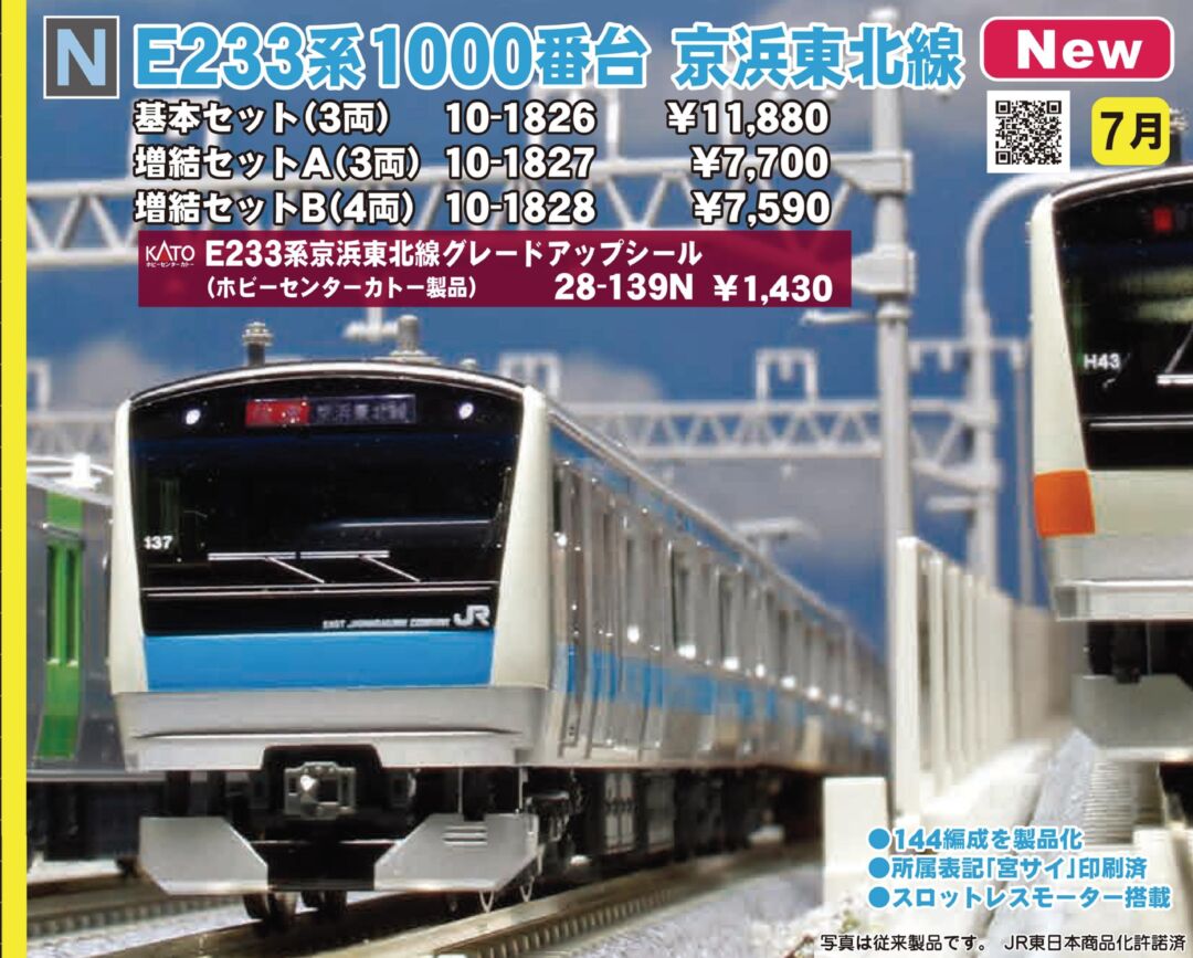 KATO E233系 1000番台 京浜東北線 増結セットA(3両) 品番：10-1827
