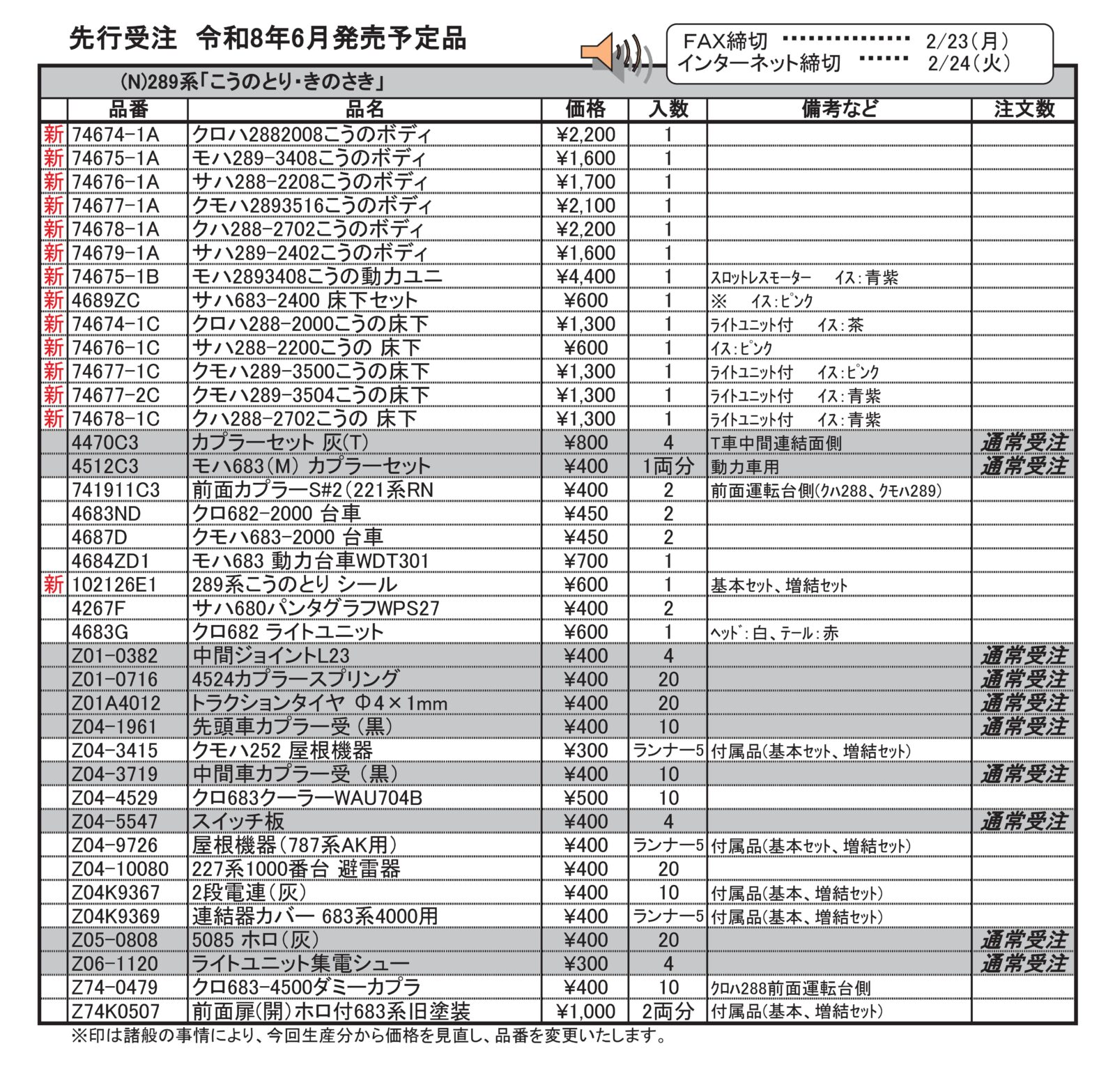 289系「こうのとり・きのさき」 4両基本セット 2026年6月発売予定 品番