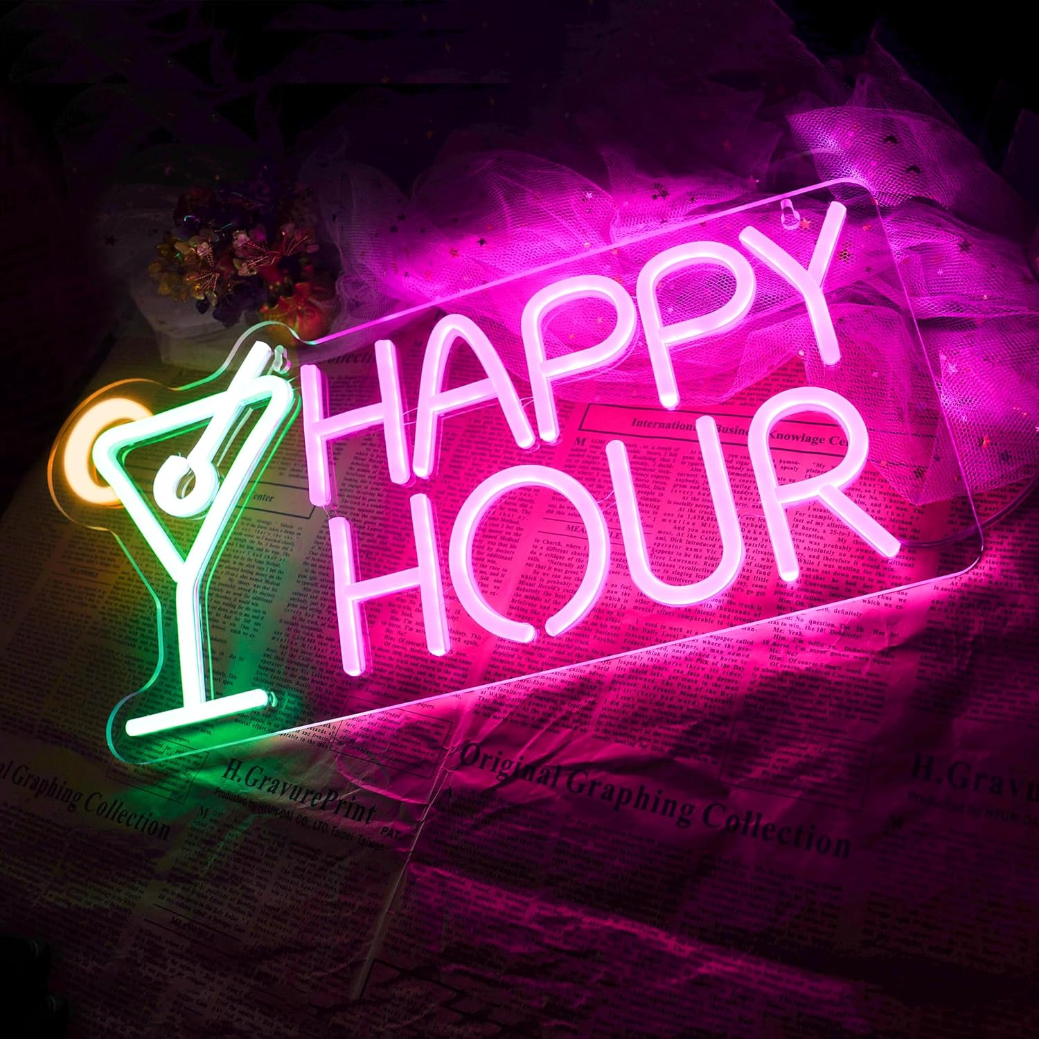 Cocktails Happy Hour Neon Sign with USB Dimmable LED Neon Signs