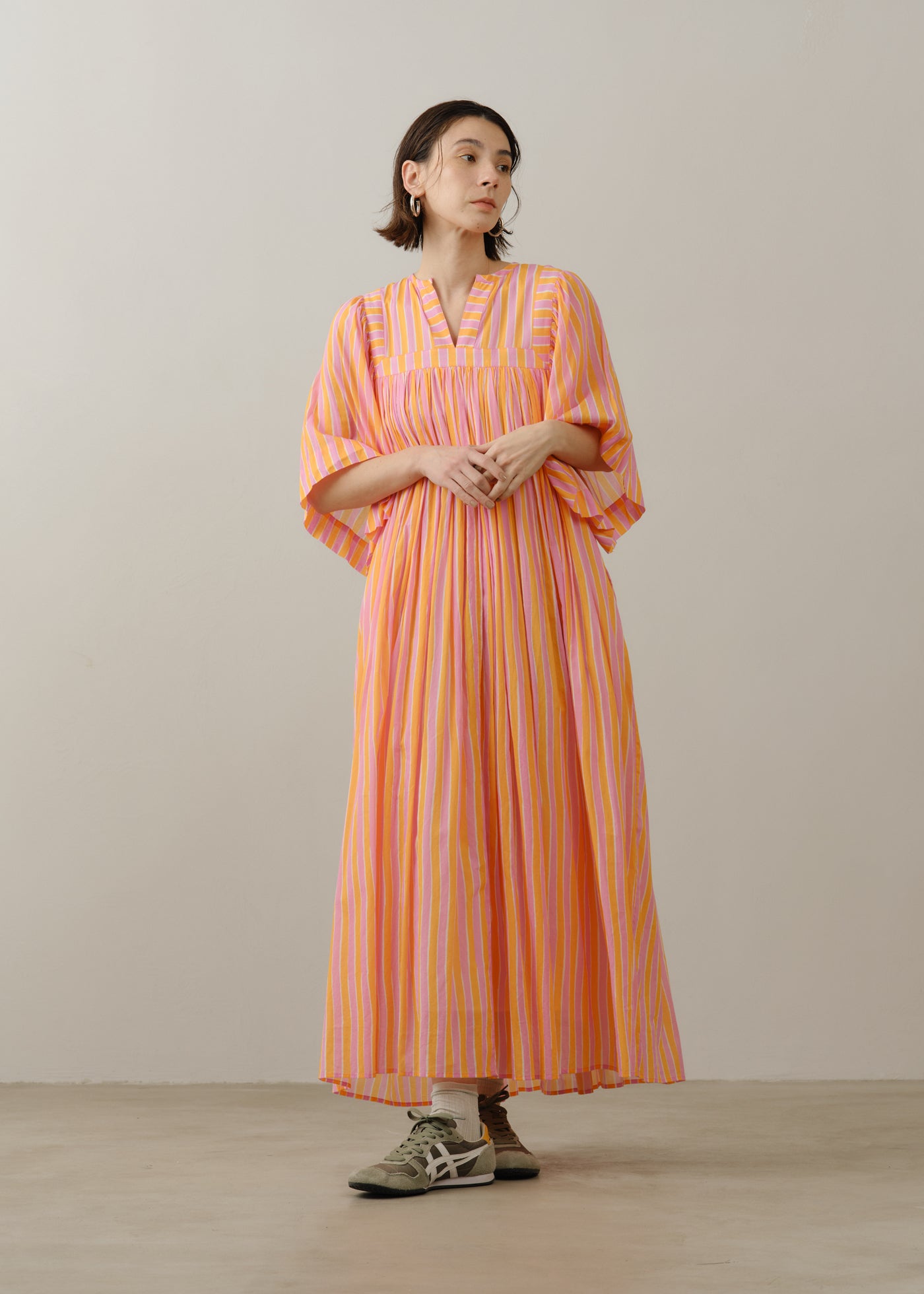 5月上旬お届け予定】Cotton Wave Stripe Print Half Sleeve Gather