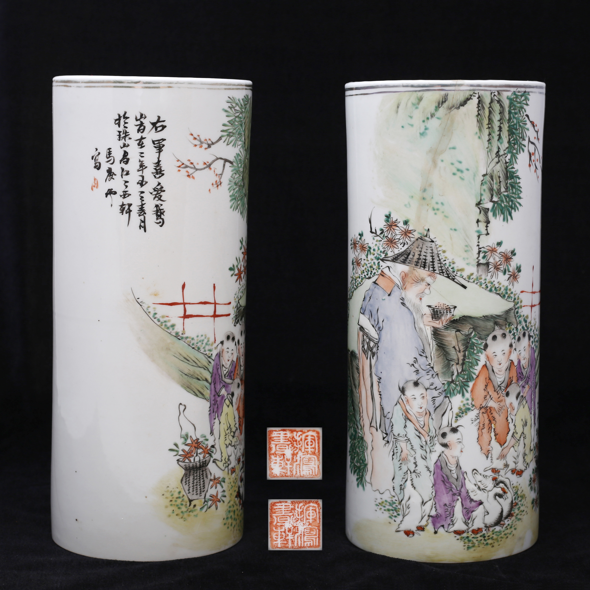 585]马庆云浅绛彩帽筒一对收藏资讯|艺术家|书画家|书画名人|书法家