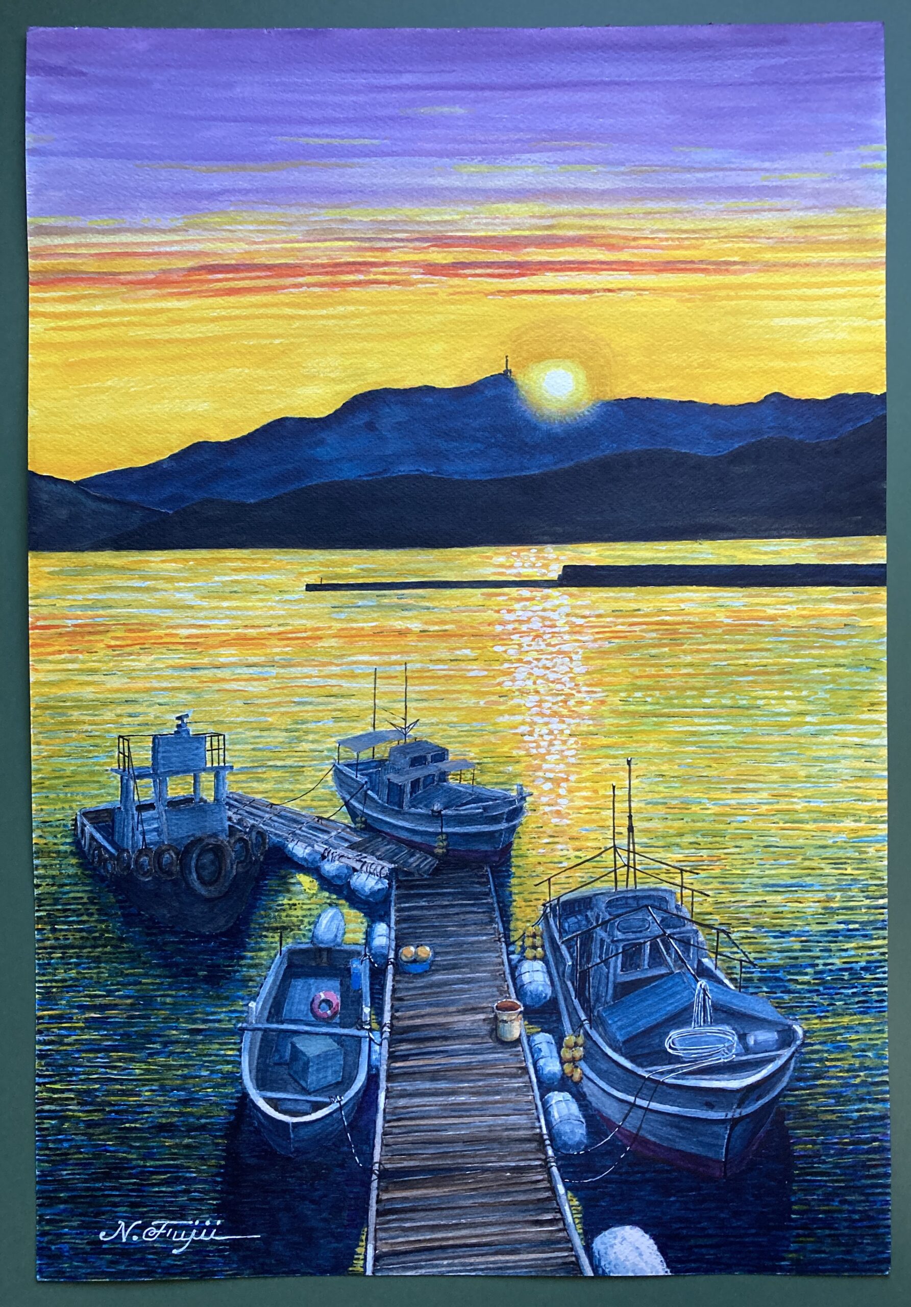 水彩画「港の夜明け」 | のぶっちの山日記｜中国地方（広島中心）で