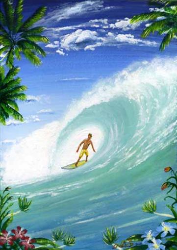 サーフィン・サーファーの絵画、海・波の絵画、サンセットビーチの絵画