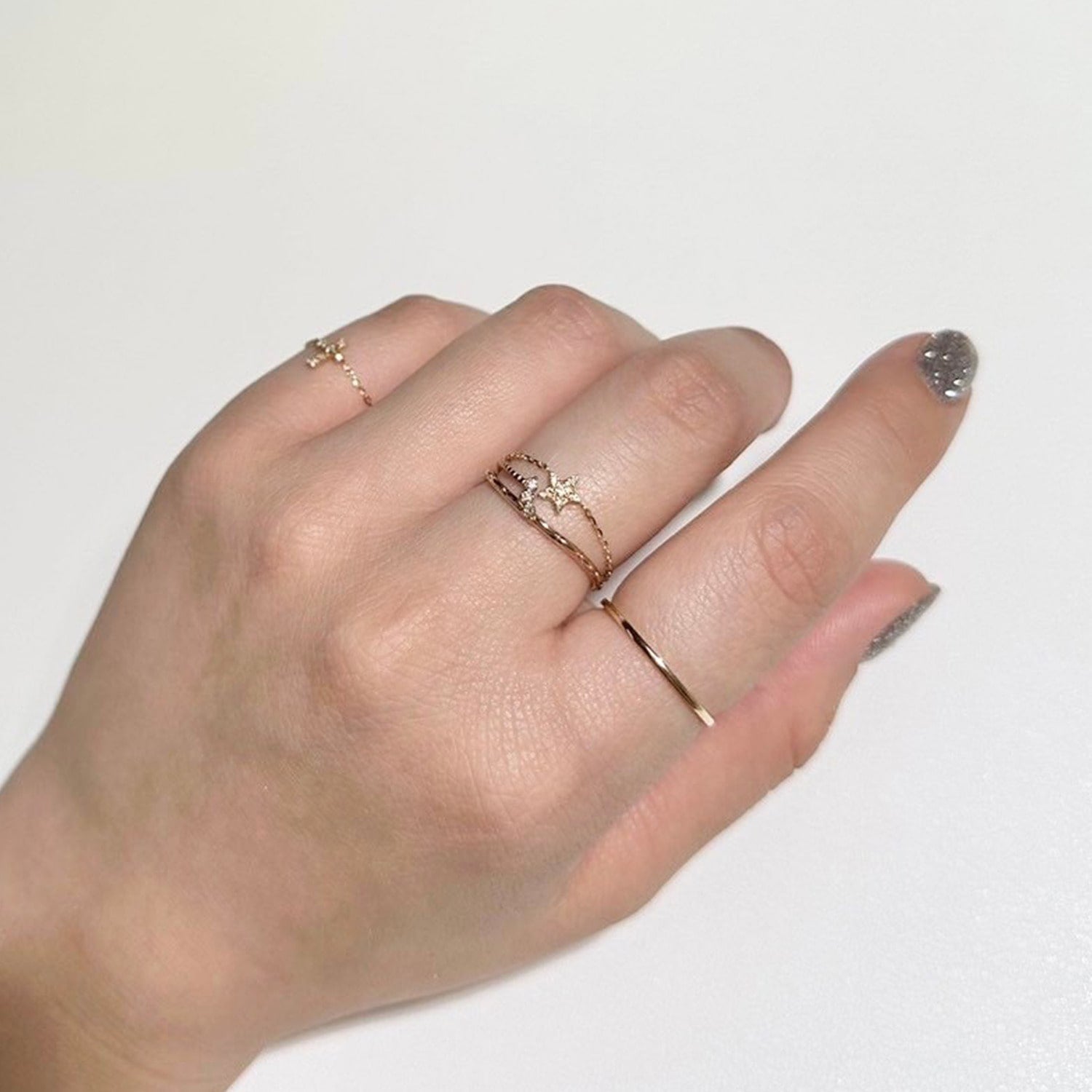 Tiny Motif】K10ダイヤモンドスターチェーンリング（0.02ct）｜リング