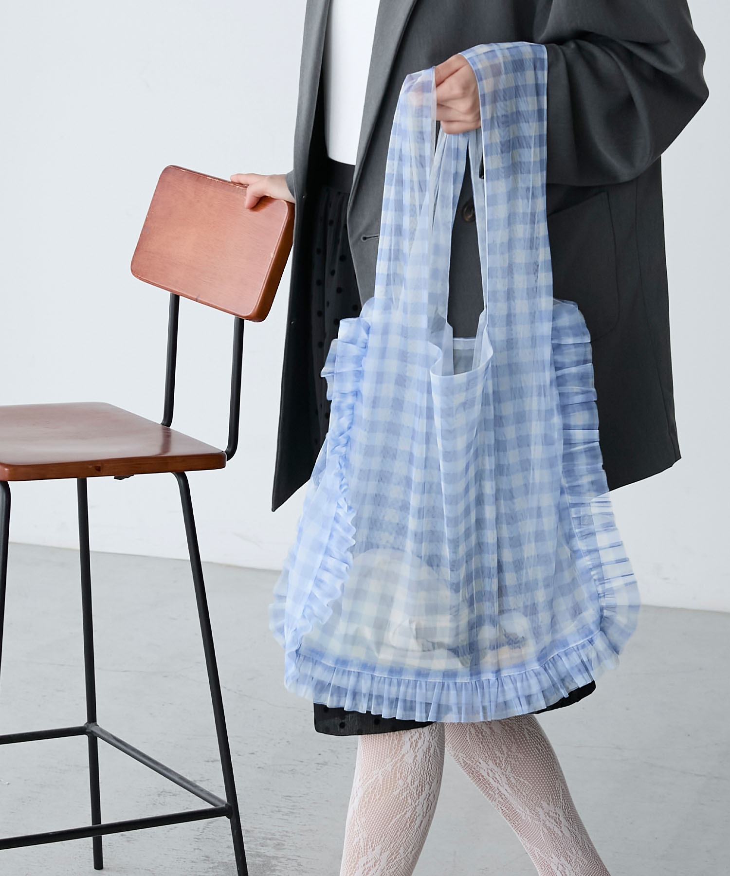 forksy.】シアーギンガムチェックリバーシブルフリルトートバック