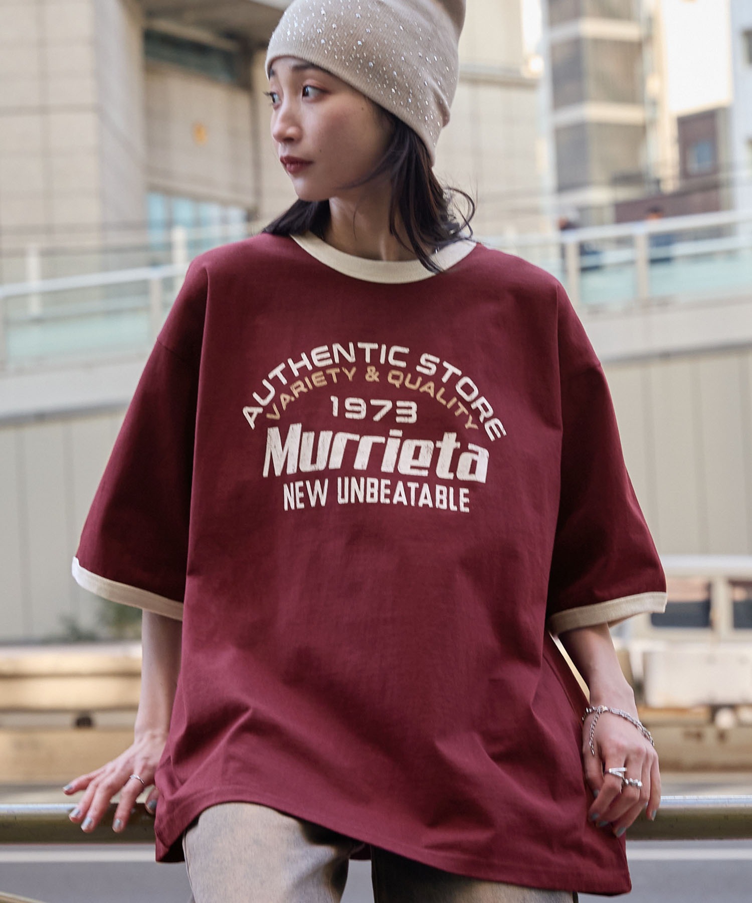 ヴィンテージライクロゴデザイン ビッグシルエットリンガー半袖Tシャツ