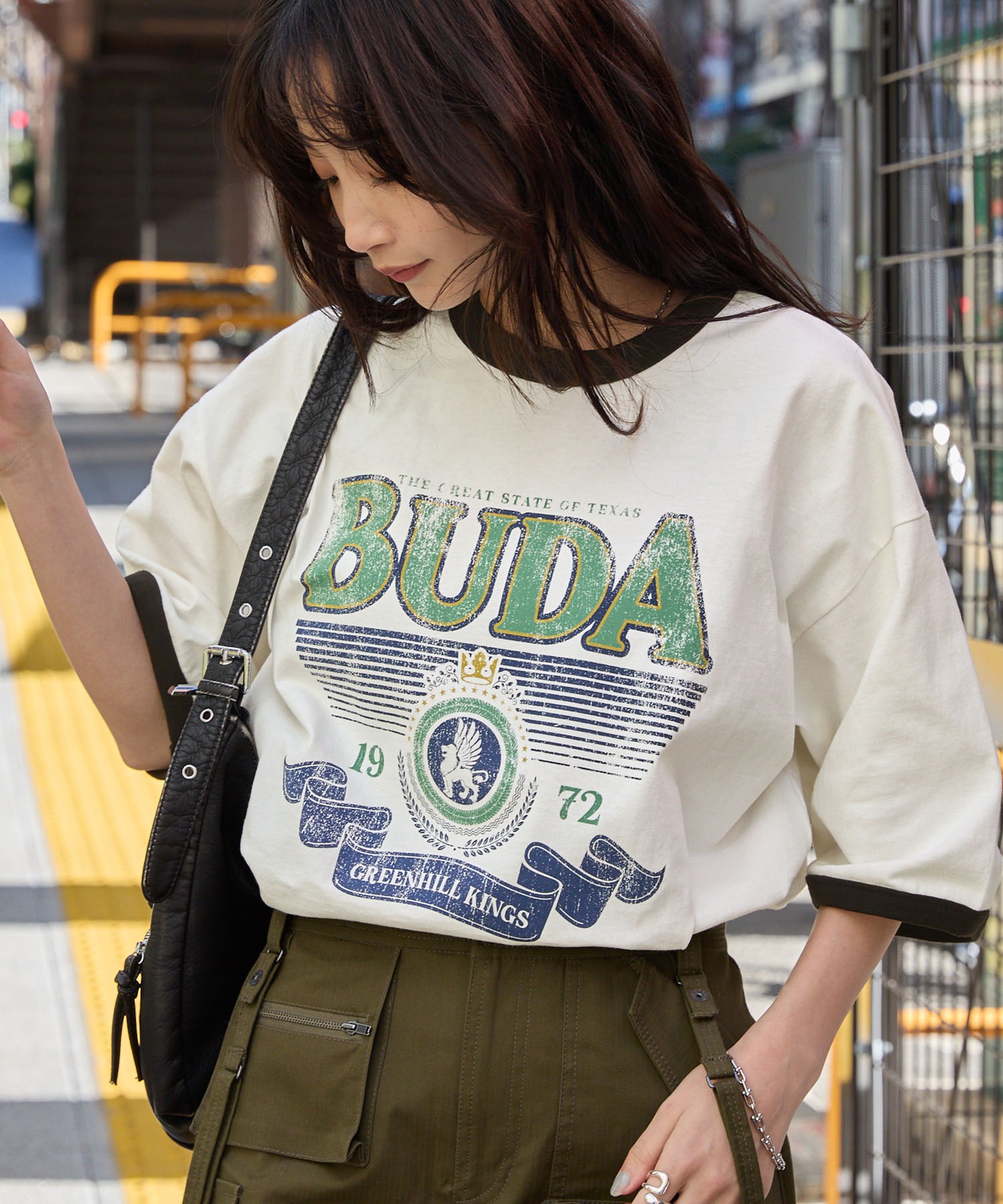 ヴィンテージライクロゴデザイン ビッグシルエットリンガー半袖Tシャツ