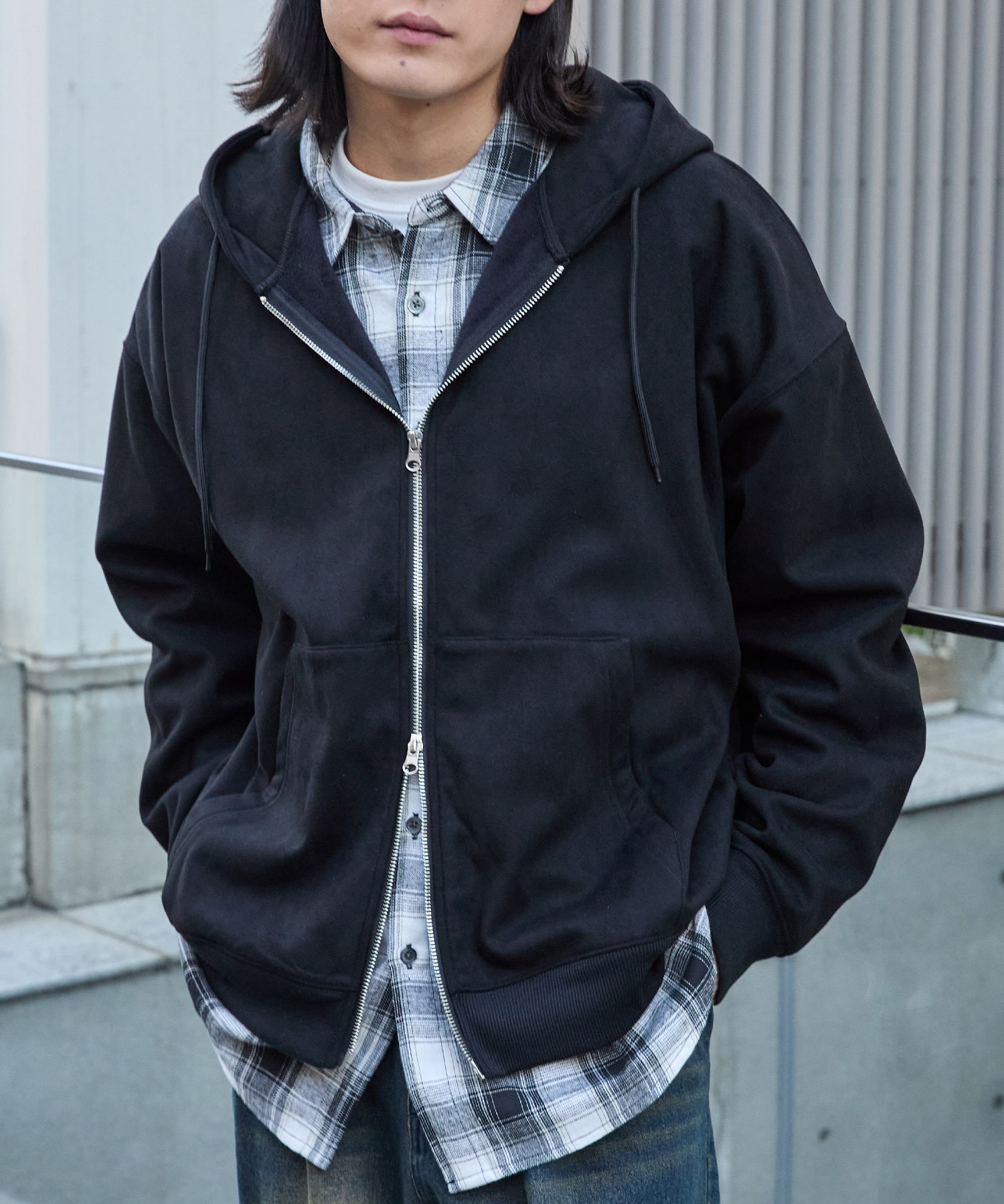 スウェードライク ボア オーバーサイズダブルジップパーカー MONO-MART