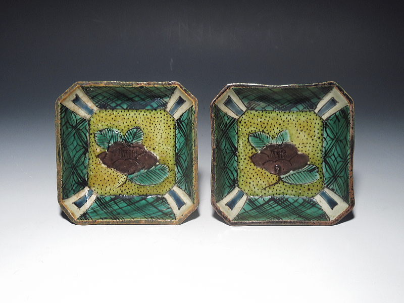 古九谷 吉田屋窯 青手椿文 角小皿 5枚組【文政】 ｜ 古陶磁 大林師友堂